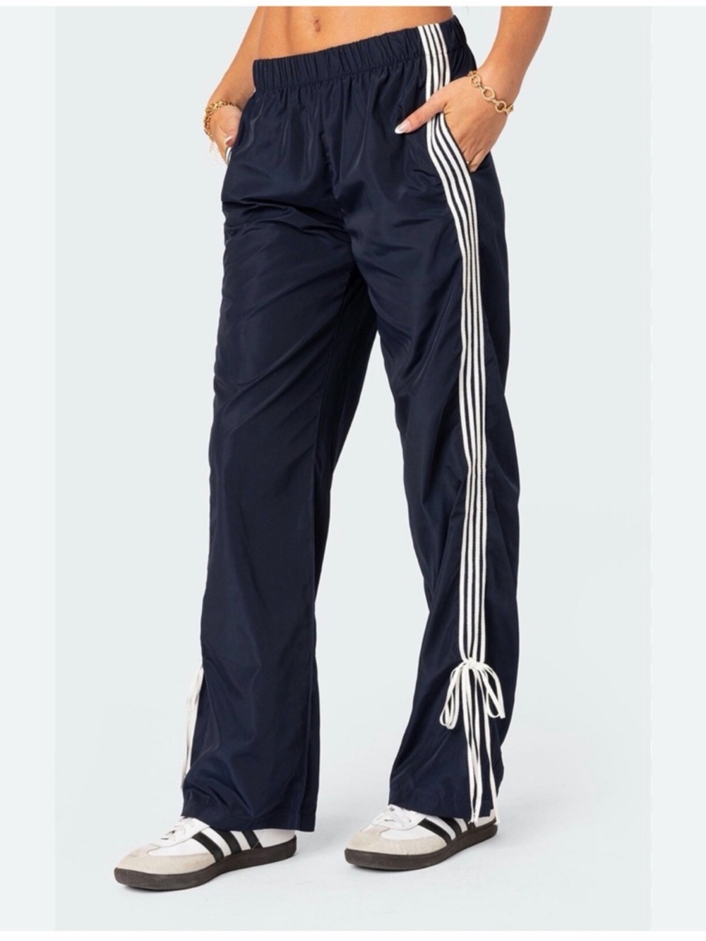 Edikted Navy Track Pants with White Triple Side Stripes